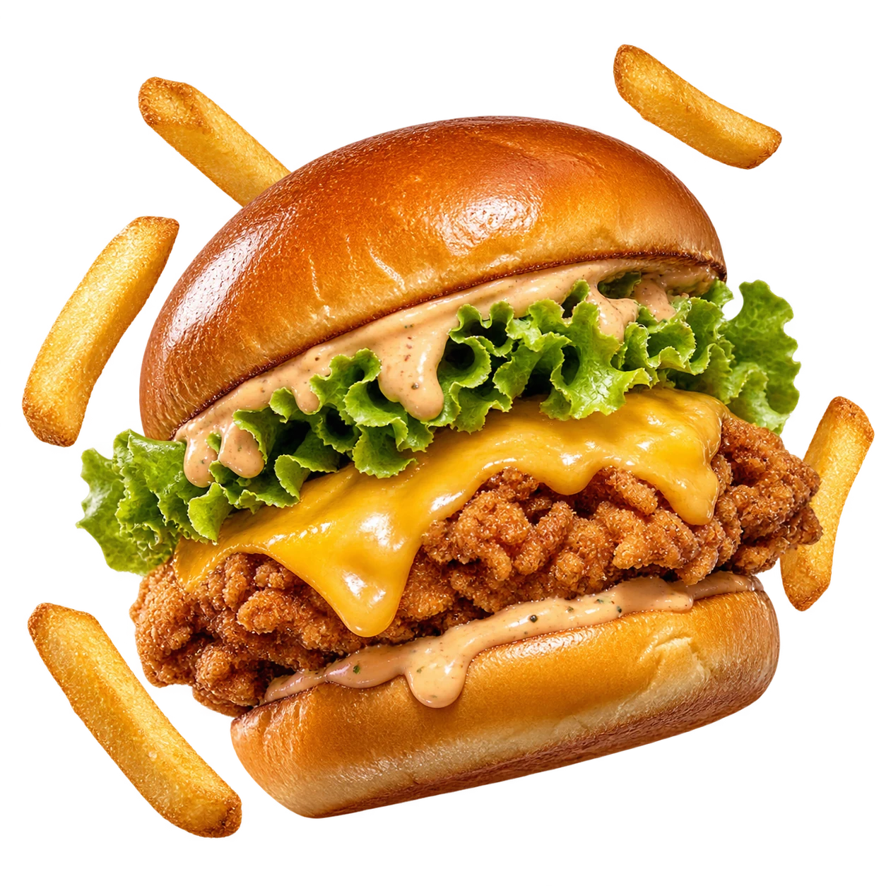 Golden crispy chicken burger with cheese, lettuce and a glossy brioche bun